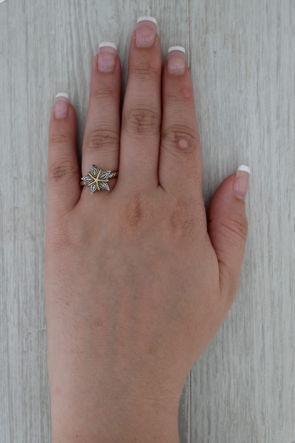 New Diamond Star Flower Ring Sterling Silver 14k Gold Textured Rope Size 7
