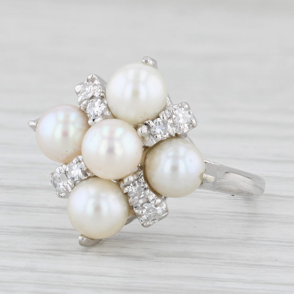 Light Gray Cultured Pearl Diamond Cluster Ring 14k White Gold Size 7.25