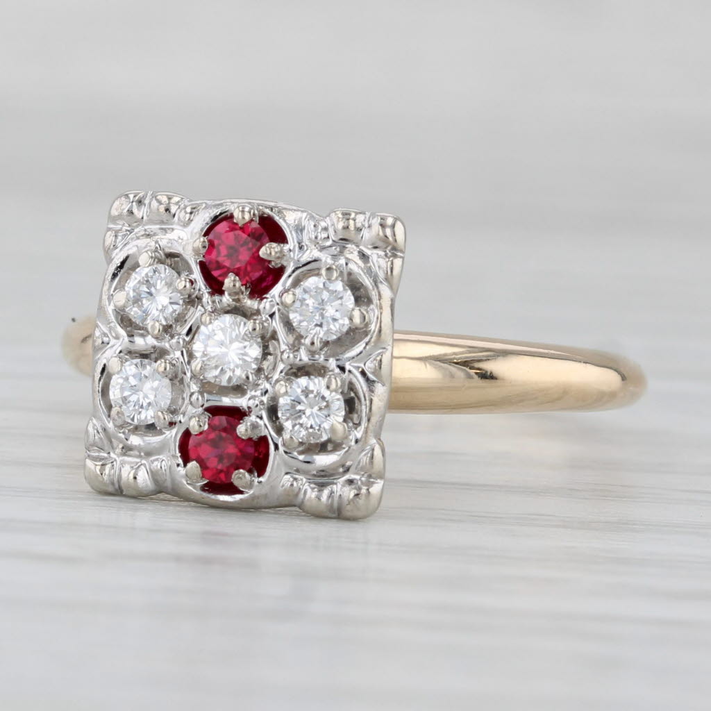 Light Gray Vintage Lab Created Ruby Diamond Cluster Ring 14k Yellow White Gold Size 10