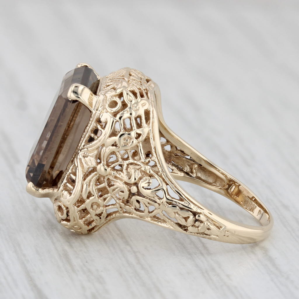 Light Gray 5.40ct Smoky Quartz Solitaire Ring 10k Yellow Gold Size 4.75 Floral Filigree