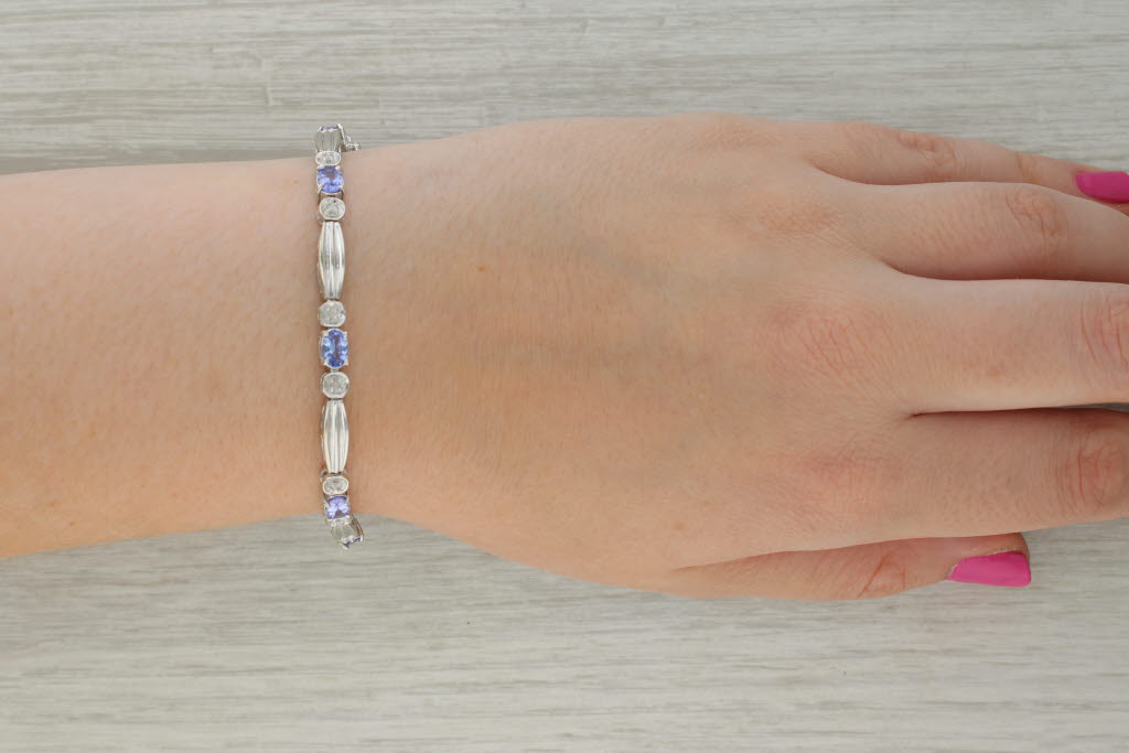 Rosy Brown 3.15ctw Tanzanite Diamond Bar Link Bracelet 14k White Gold 6.5"