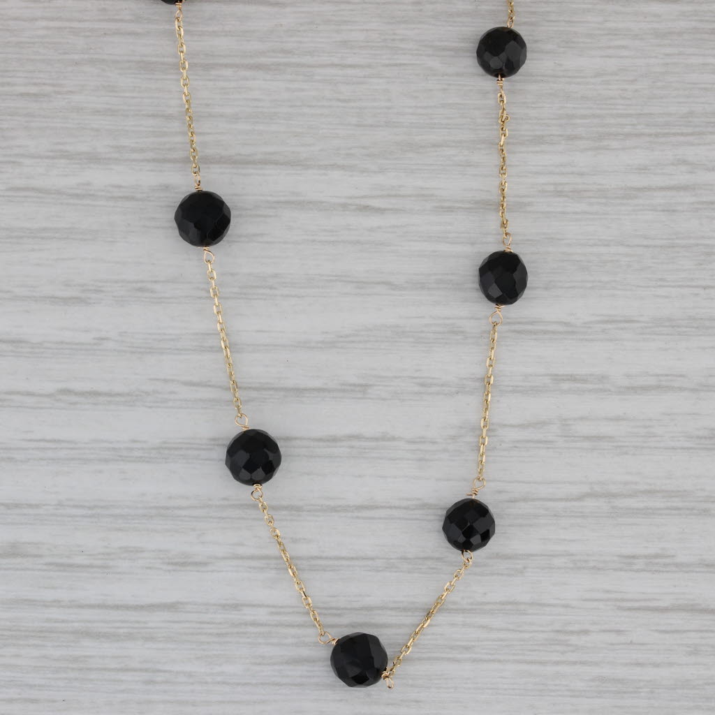 Gray Onyx Bead Station Necklace 14k Yellow Gold 16" Cable Chain