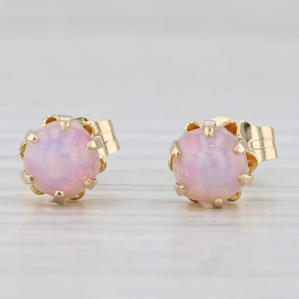 Light Gray Vintage Pink Glass Cabochons Simulated Opal Stud Earrings 14k Yellow Gold