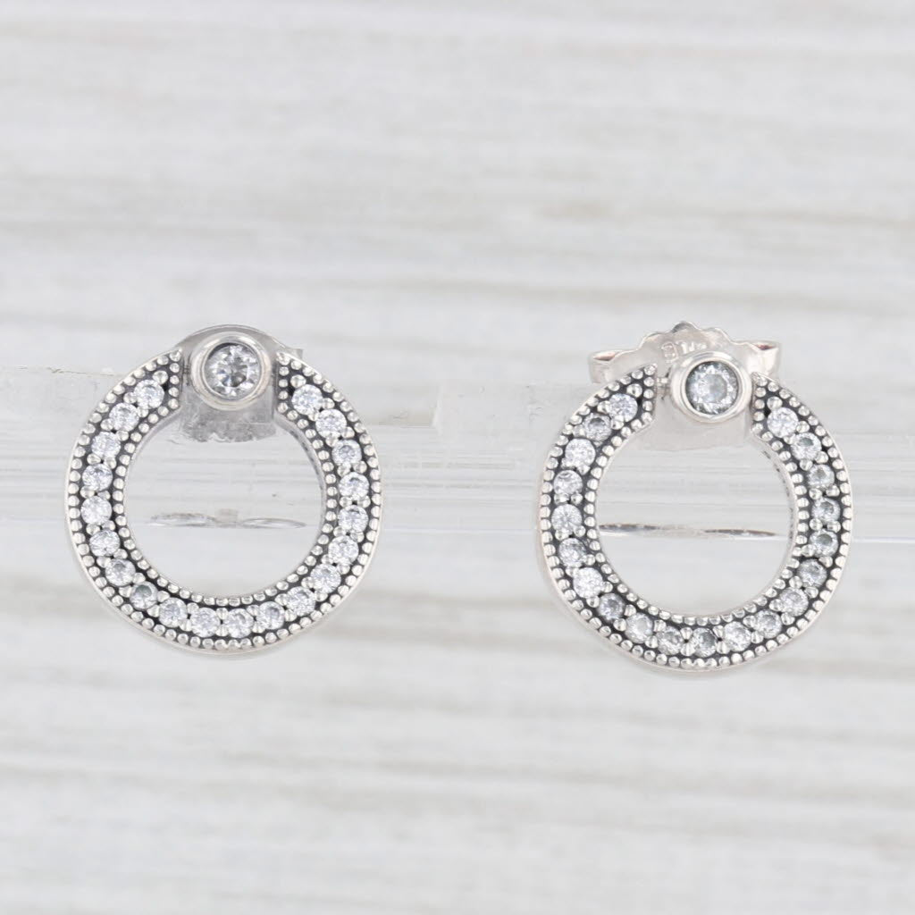 Light Gray Pandora Pave & Logo Reversible Circle Stud Earrings Sterling Silver CZ 299486C01