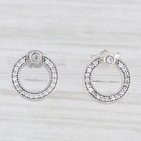 Light Gray Pandora Pave & Logo Reversible Circle Stud Earrings Sterling Silver CZ 299486C01