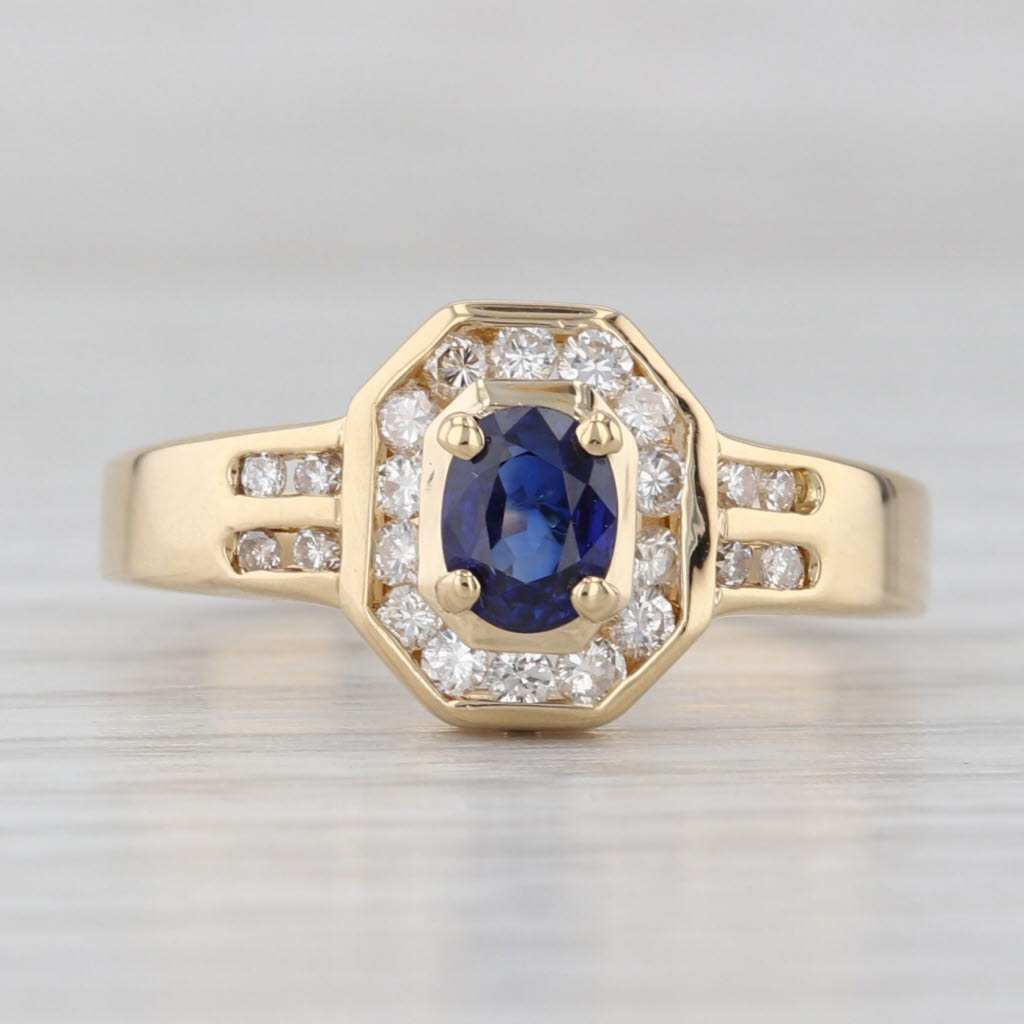Light Gray 0.68ctw Blue Sapphire Diamond Halo Ring 18k Yellow Gold Size 6.5 Engagement