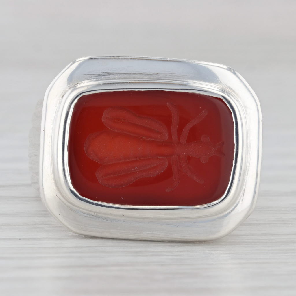 Light Gray Slane & Slane Red Chalcedony Bee Intaglio Seal Signet Ring Sterling Silver