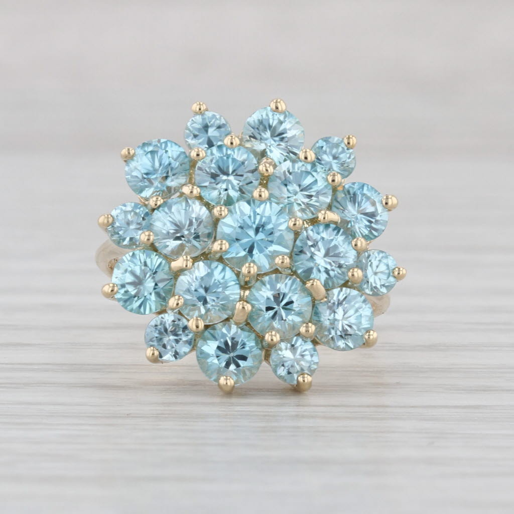 3.90ctw Blue Zircon Cluster Ring 10k Yellow Gold Size 7 Cocktail Flower