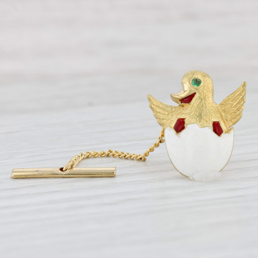 Light Gray Cartier Baby Bird in Egg Tie Tac Pin Emerald 18k Yellow Gold Enamel Designer