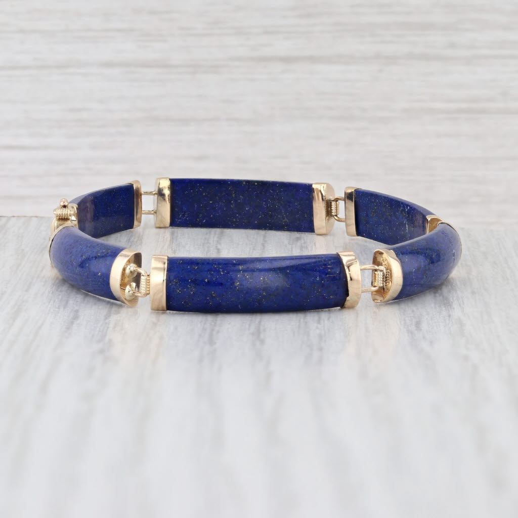 Lapis Lazuli Bar Link Chinese Character for Luck Bracelet 14k Yellow Gold 7.25"