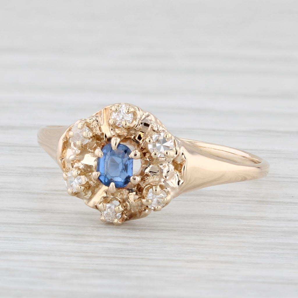 Light Gray Vintage 0.25ctw Blue Sapphire Diamond Halo Ring 14k Yellow Gold Size 7.5