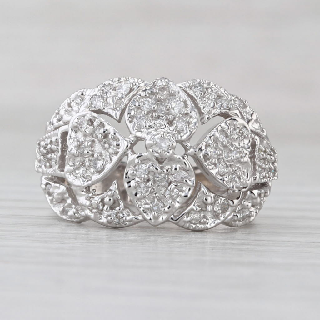 0.65ctw Diamond Cluster Hearts Ring 14k White Gold Size 6 Cocktail