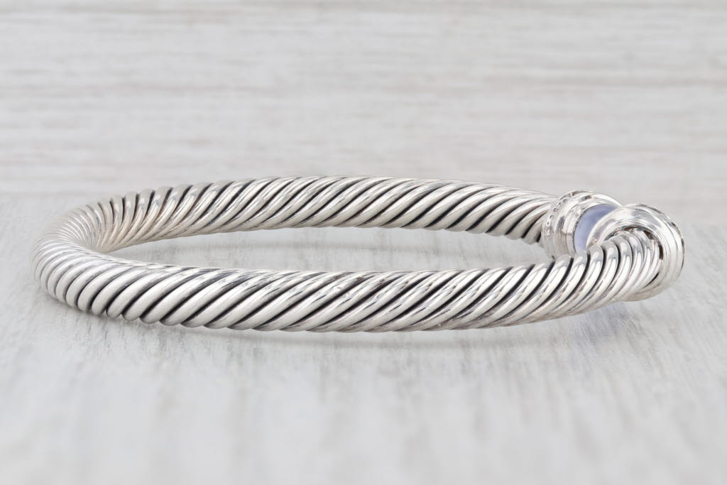 Light Gray David Yurman Chalcedony Diamond Cuff Bracelet Sterling Silver 7" 5mm