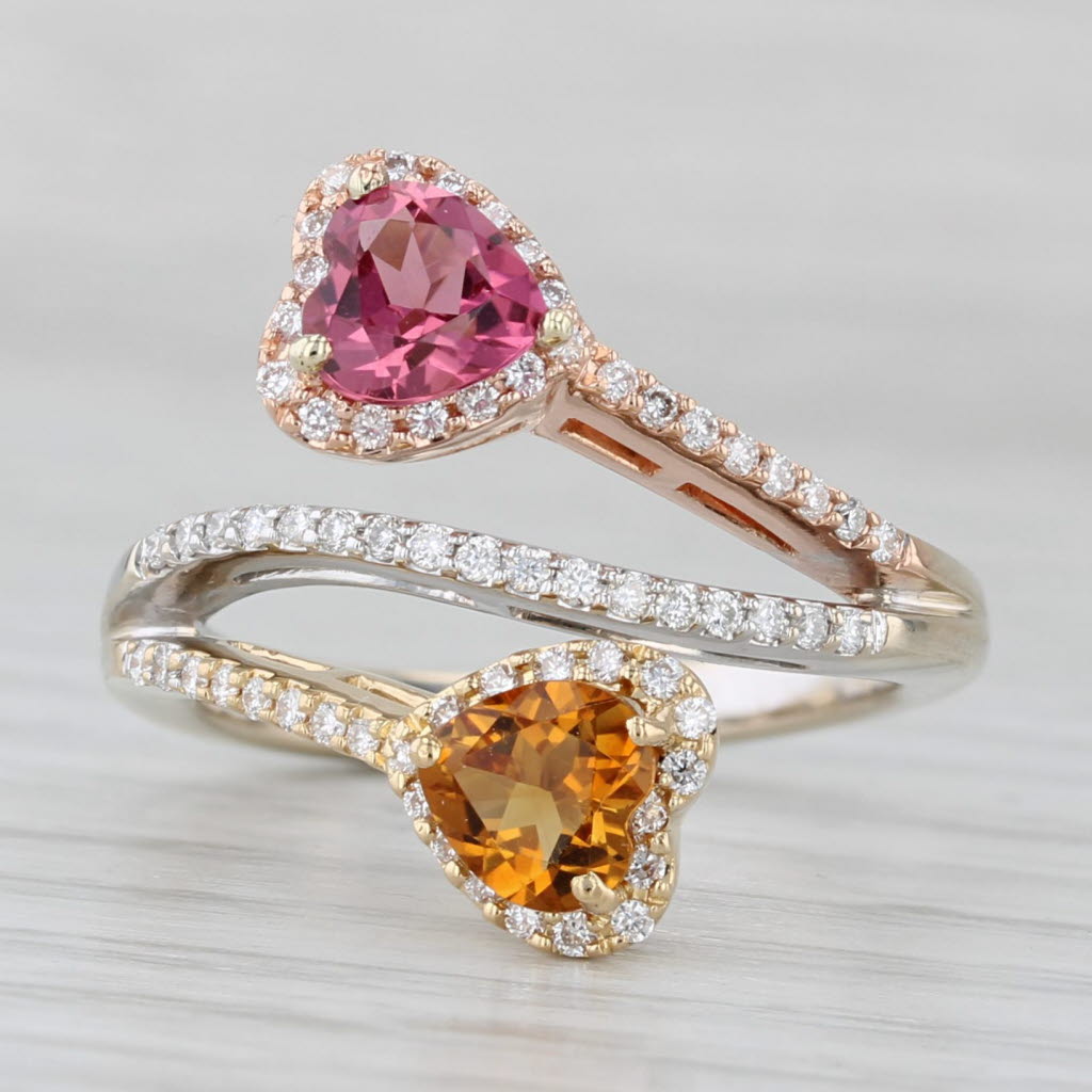 Light Gray 1.35ctw Citrine Tourmaline Diamond Hearts Bypass ing 18k Yellow Rose White Gold