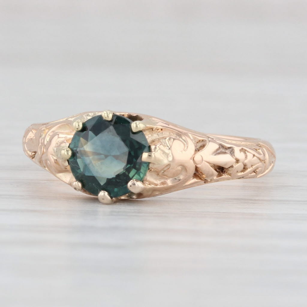 Light Gray Antique Teal Sapphire Solitaire Ring 18k Yellow Gold Size 6.75 Floral Engagement