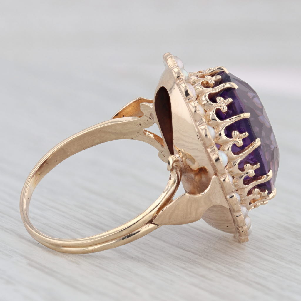 Gray Vintage Amethyst Pearl Halo Cocktail Ring 12k Yellow Gold Size 8.5