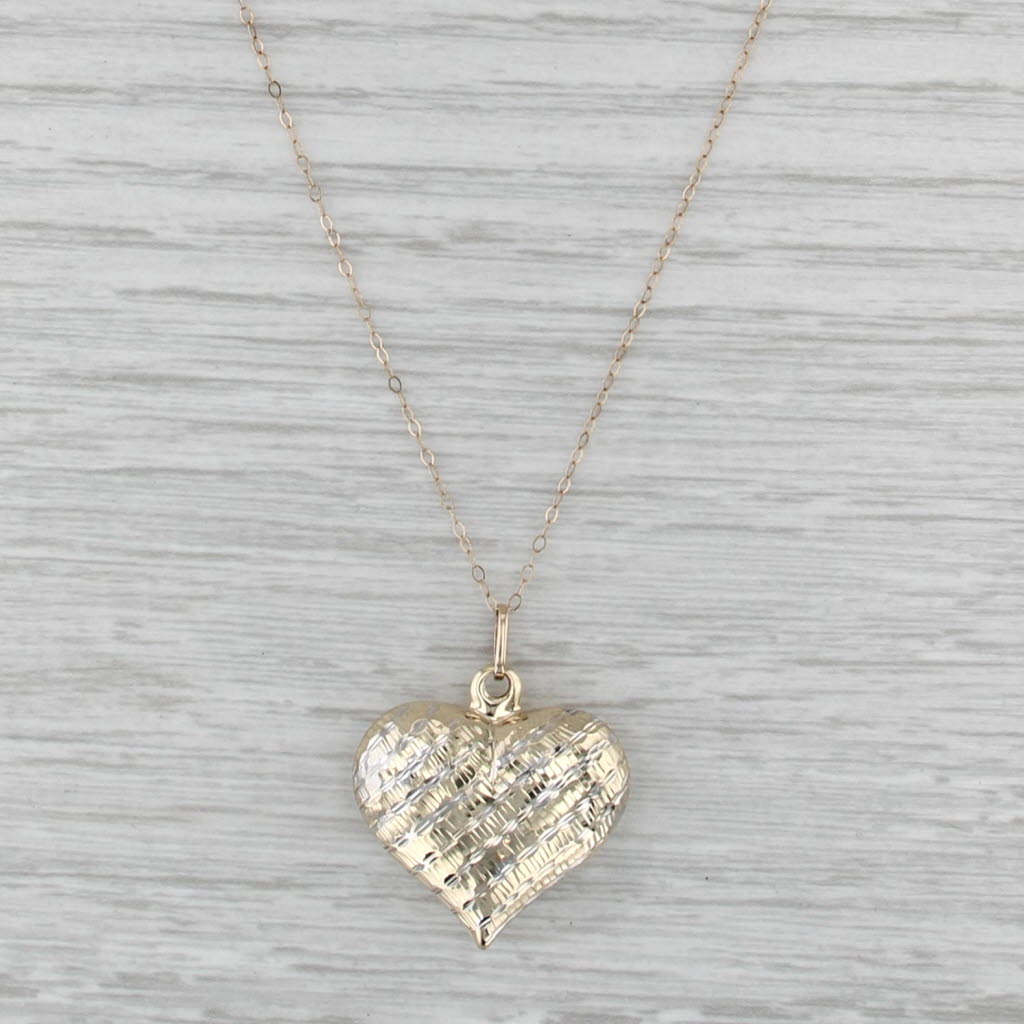Crosshatch -Toned Puffy Heart Pendant Necklace 10k Yellow White Gold 18.25"