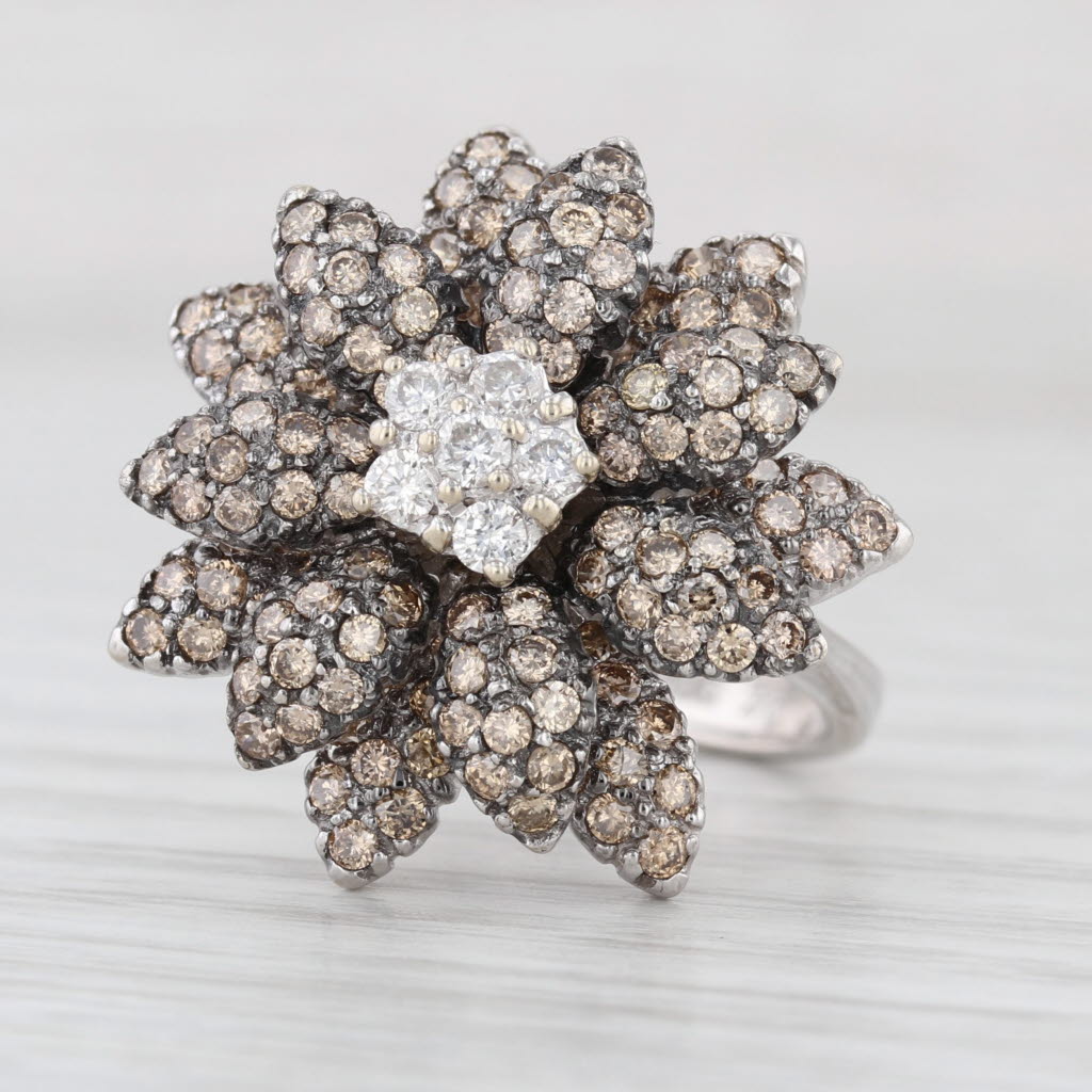 Le Vian Champagne & White Diamond Flower Ring 14k White Gold Size 7.25 Cocktail