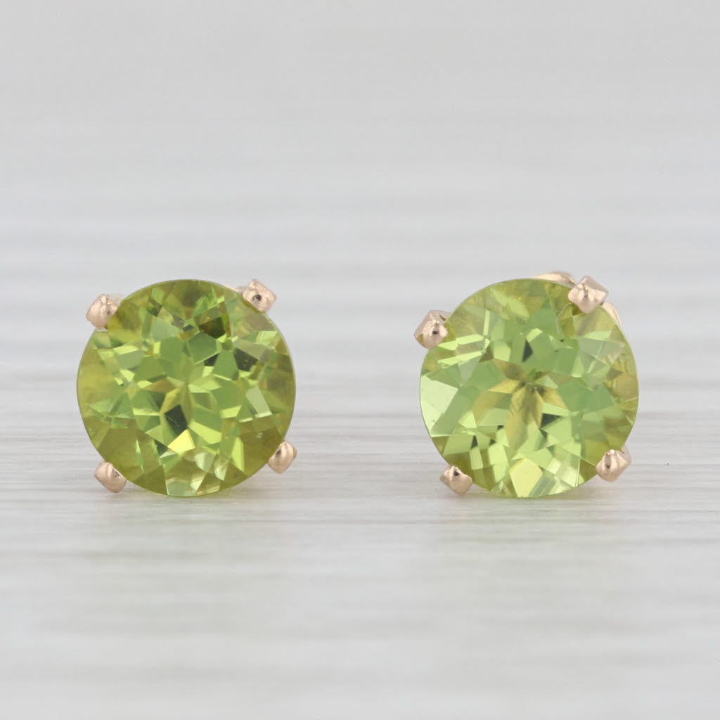 Light Gray 2.80ctw Green Peridot Stud Earrings 14k Yellow Gold Round Solitaires