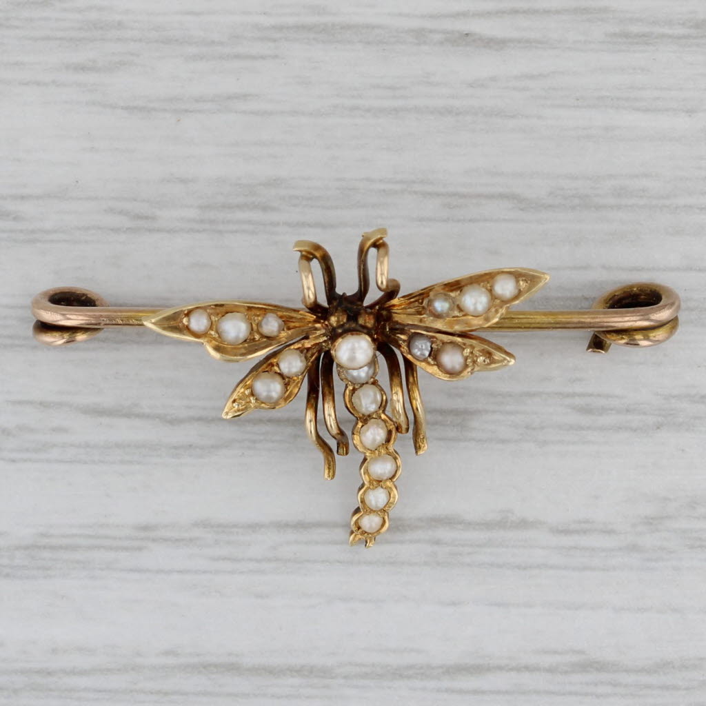 Gray Vintage Pearl Flying Insect Pearl Pin 10k 14k Yellow Gold Brooch