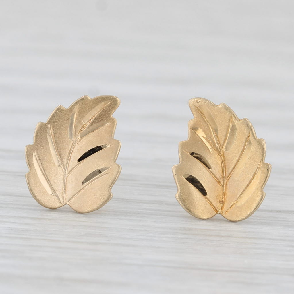 Light Gray Leaf Stud Earrings 14k Yellow Gold