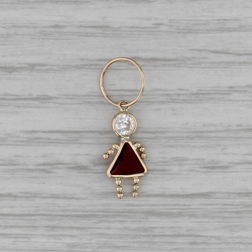 January Birthstone Girl Charm 14k Gold Imititation Garnet Cubic Zirconia Pendant