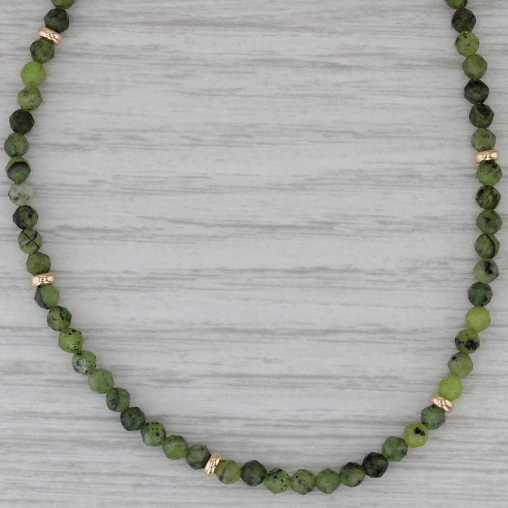 Dark Gray Green Serpentine Bead Strand Necklace 14k Yellow Gold 3.3mm 18"