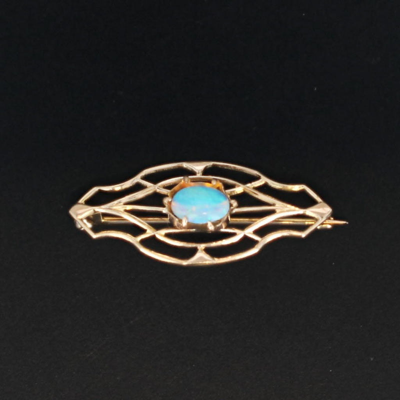 Vintage Blue Opal Solitaire Brooch 10k Yellow Gold Oval Cabochon Solitaire Pin