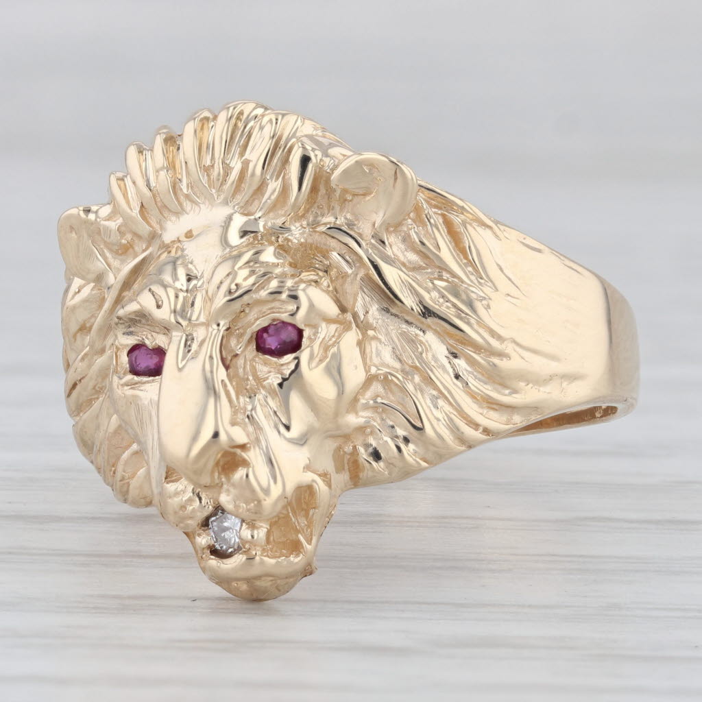 Light Gray Ruby Diamond Lion Ring 10k Yellow Gold Size 10 Men's