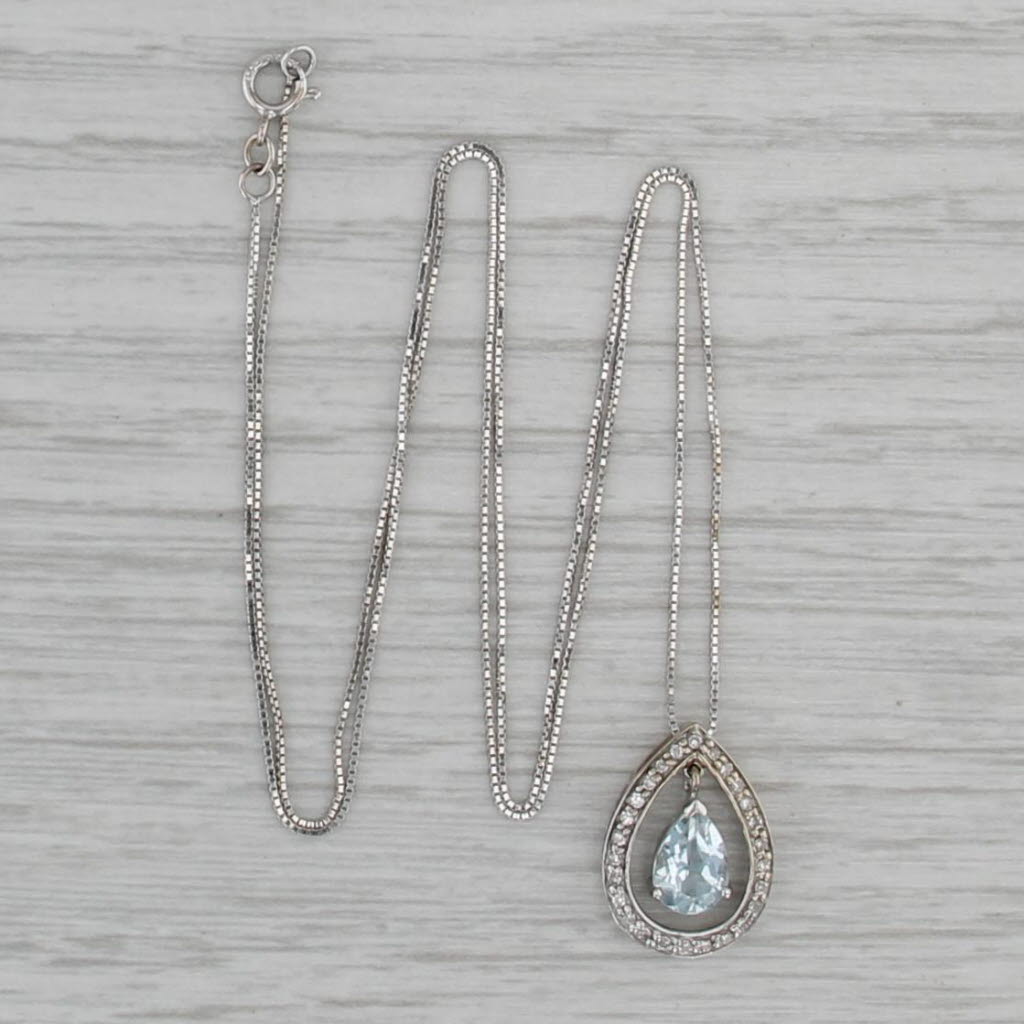 0.70ctw Aquamarine Diamond Teardrop Pendant 14k White Gold 18.25" Box Chain