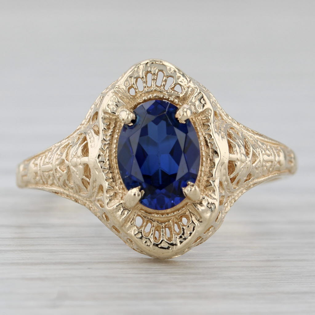 Gray 0.72ct Oval Lab Created Blue Sapphire 10k Yellow Gold Floral Filigree Size 9.5
