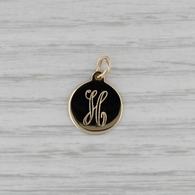 Engraved Letter Initial "H" Pendant 14k Yellow Gold Small Round Charm