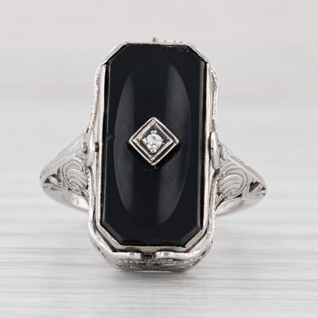 Vintage Carved Shell Cameo Diamond Onyx Signet Flip Ring 14k White Gold Size 5.5