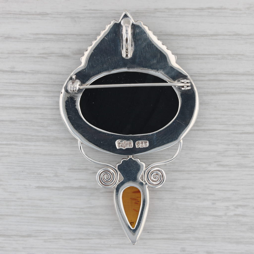 Gray Sajen Onyx Amber Statement Brooch Sterling Silver Pendant Pin