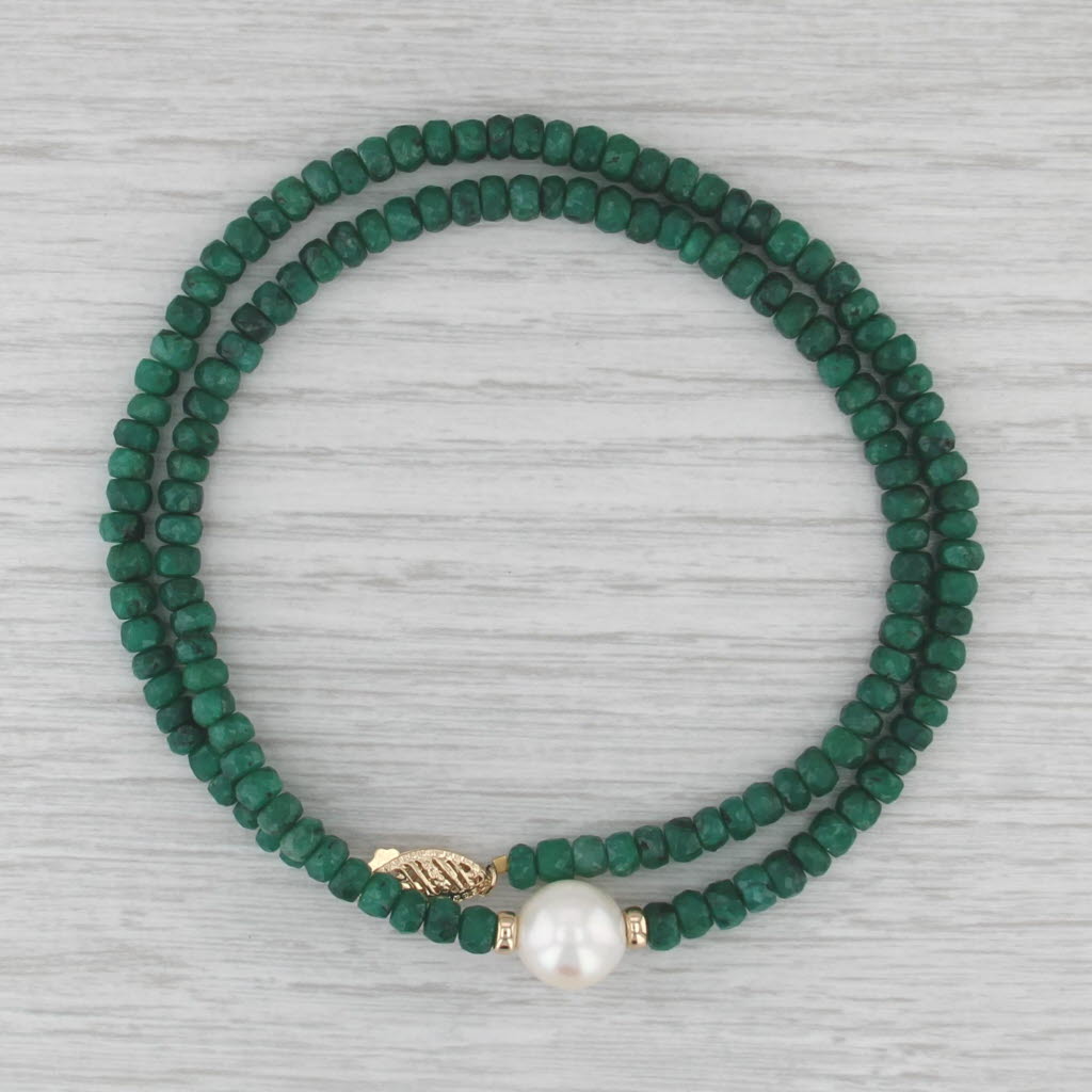 Cultured Pearl Emerald Bead Strand Necklace 14k Gold 18.25"