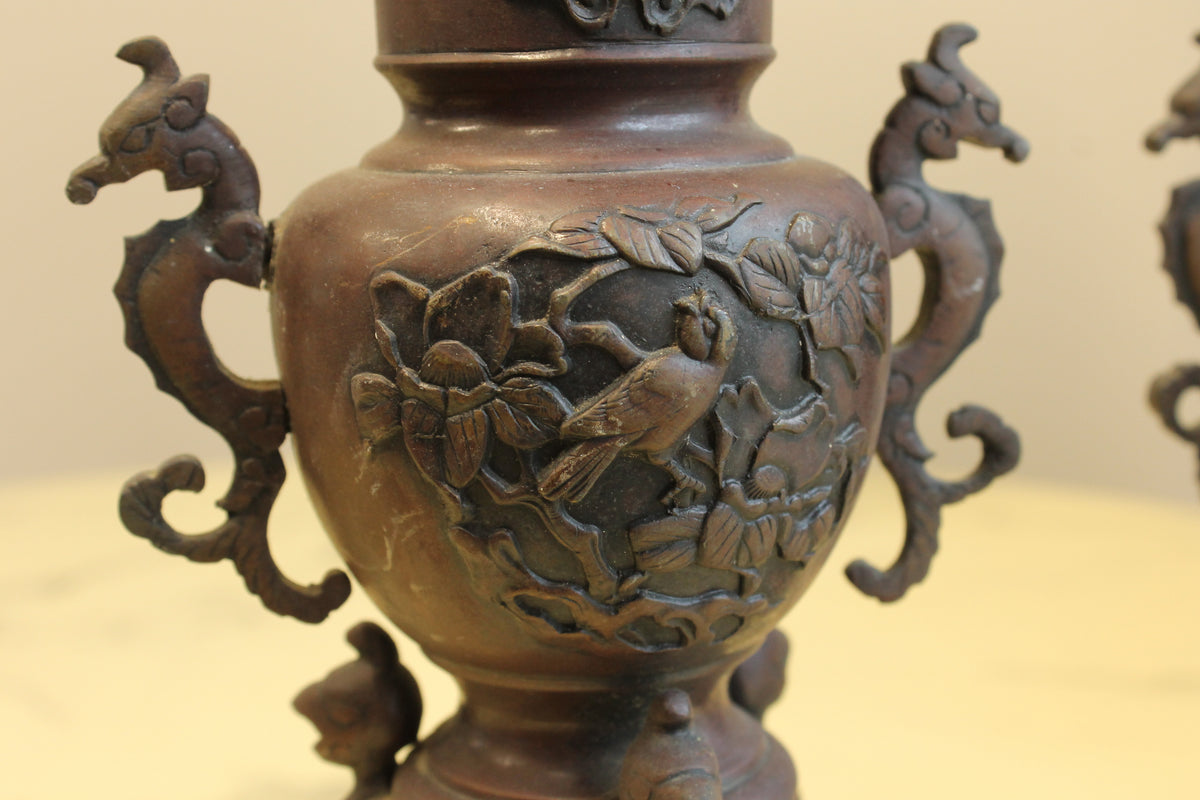 Antique Japanese Bronze Decorative Urns Pair 11" Bird Motif Seahorse Handles