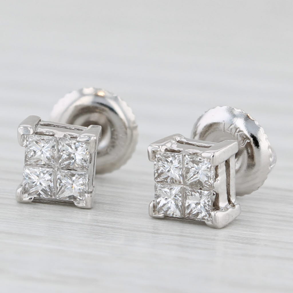 Light Gray 0.50ctw Princess Diamond Stud Earrings 14k White Gold Pierced Screw Backs