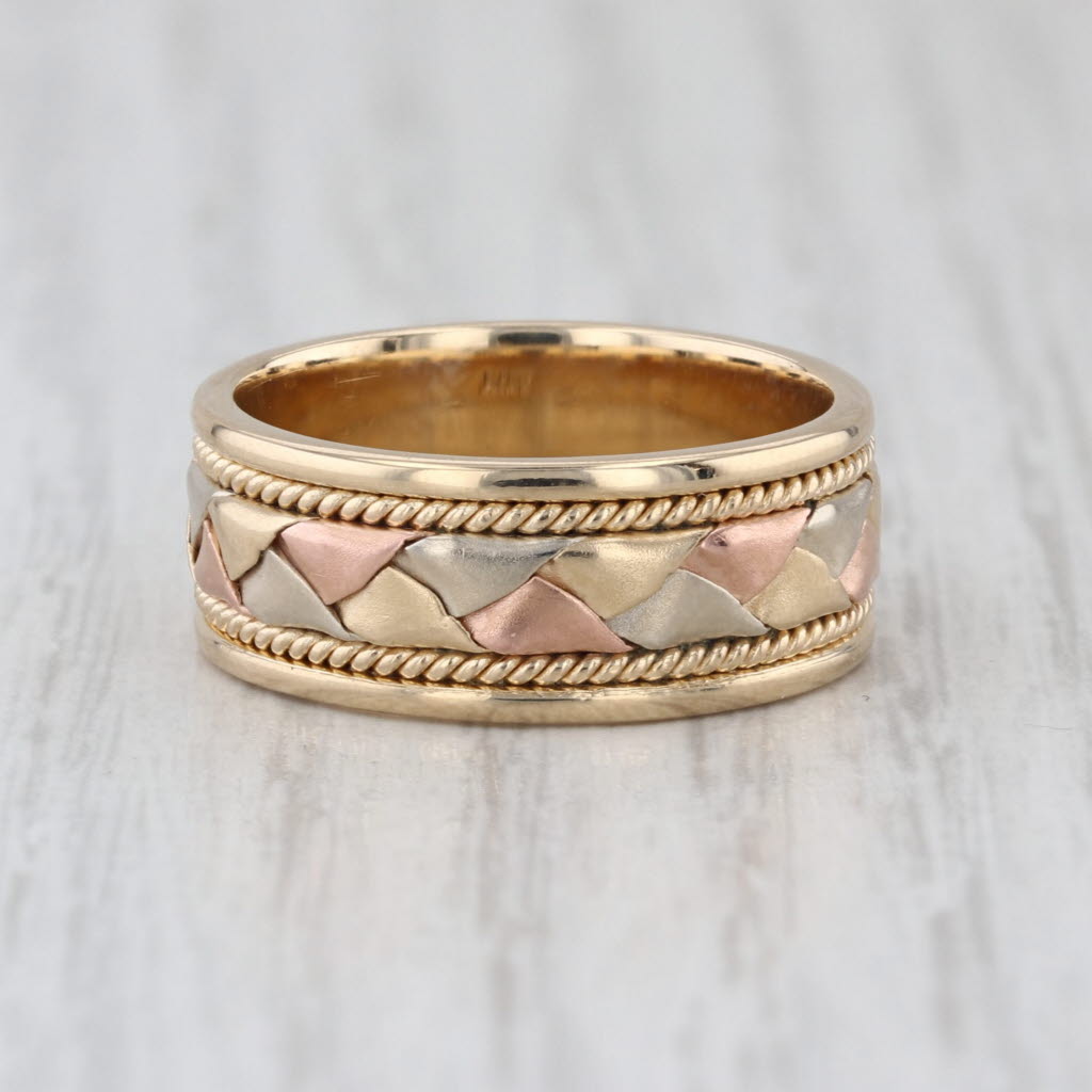 Woven Tri-Toned Gold Band 14k Yellow Rose White Gold Wedding Ring Size 6.75