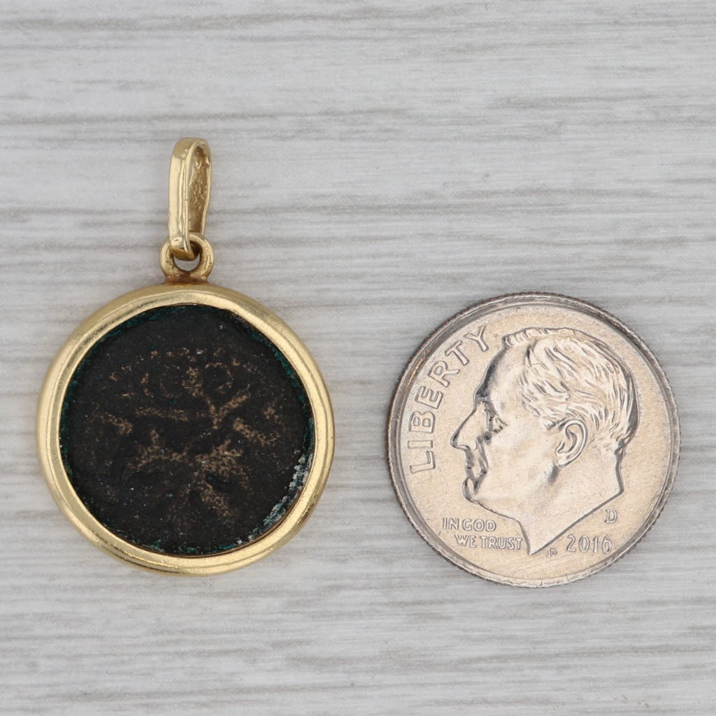 Gray Vintage Prutah Coin Pendant Ancient Jewish Roman Revolt 18k Gold Copper Charm