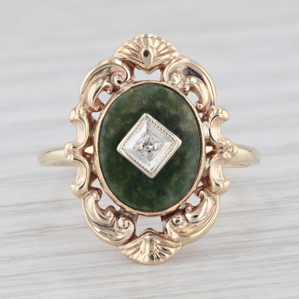 Light Gray Vintage Green Nephrite Jade Diamond Signet Ring 10k Yellow Gold Size 6