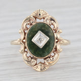 Vintage Green Nephrite Jade Diamond Signet Ring 10k Yellow Gold Size 6