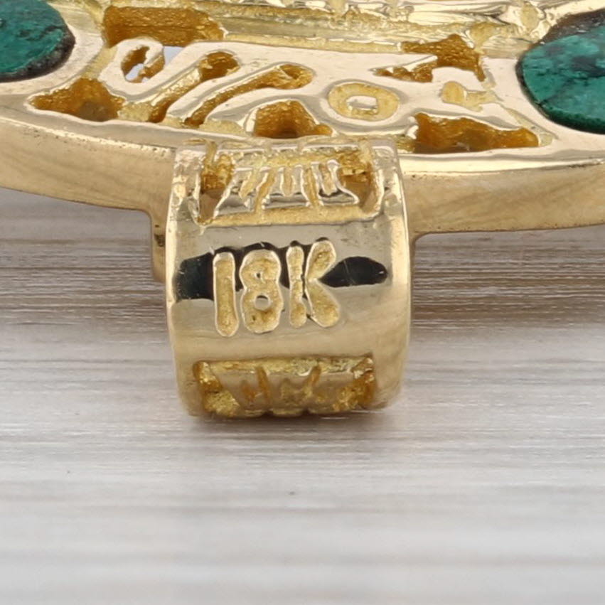 Green Malachite Aztec Sun Pendant Brooch 18k Yellow Gold Tribal