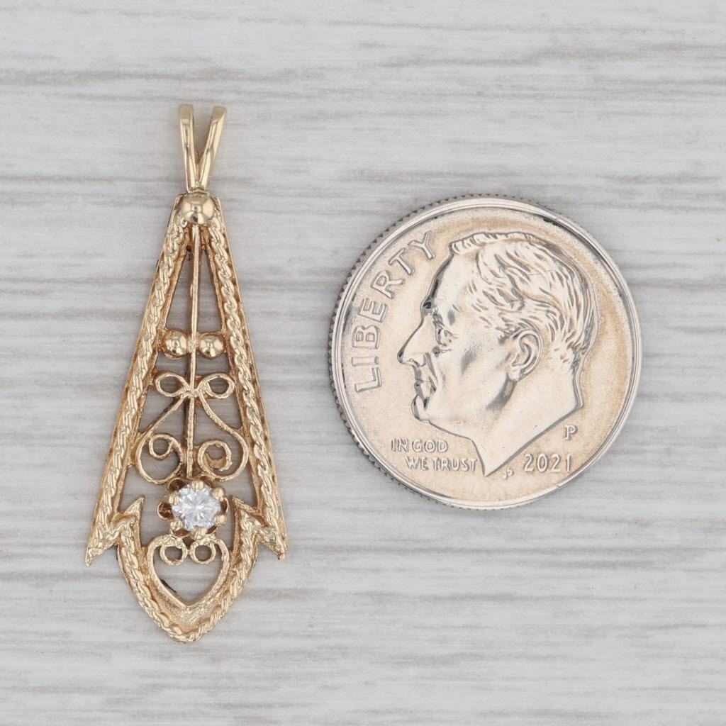 Gray Vintage Diamond Solitaire Filigree Pendant 14k Yellow Gold Teardrop