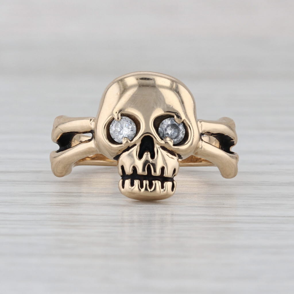Gothic Biker Skull Ring Cubic Zirconia 14k Yellow Gold Size 6.5