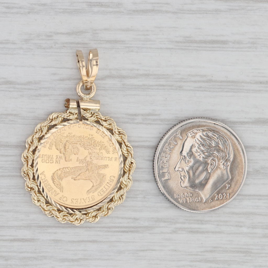 Gray 1986 American Gold Eagle Coin Pendant 14k 900 Yellow Gold 1/10th oz 5 Dollar