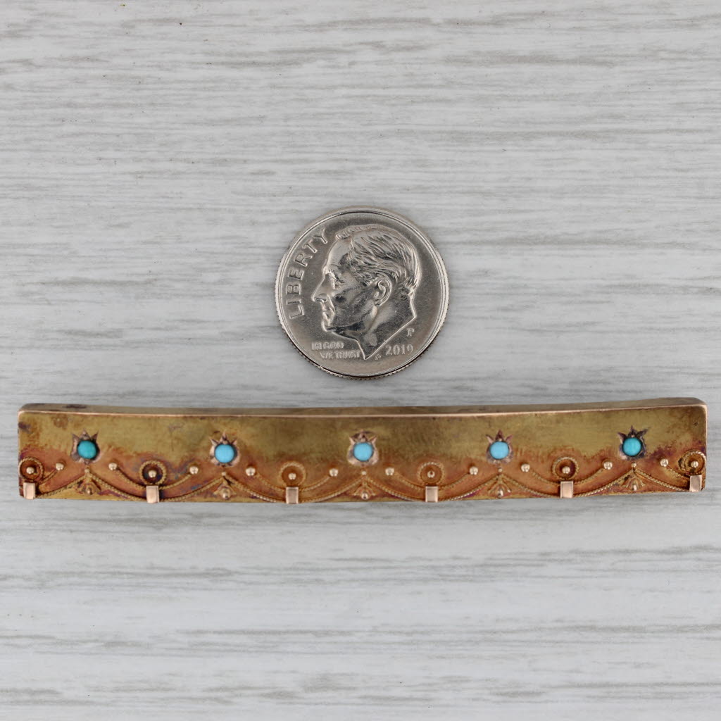 Gray Antique Ornate Bar Brooch Turquoise & Glass 20-21k Yellow Gold Pin