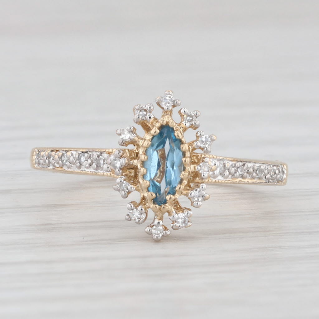 Light Gray Marquise Blue Topaz Diamond Halo Ring 14k Yellow Gold Size 6.5 Engagement