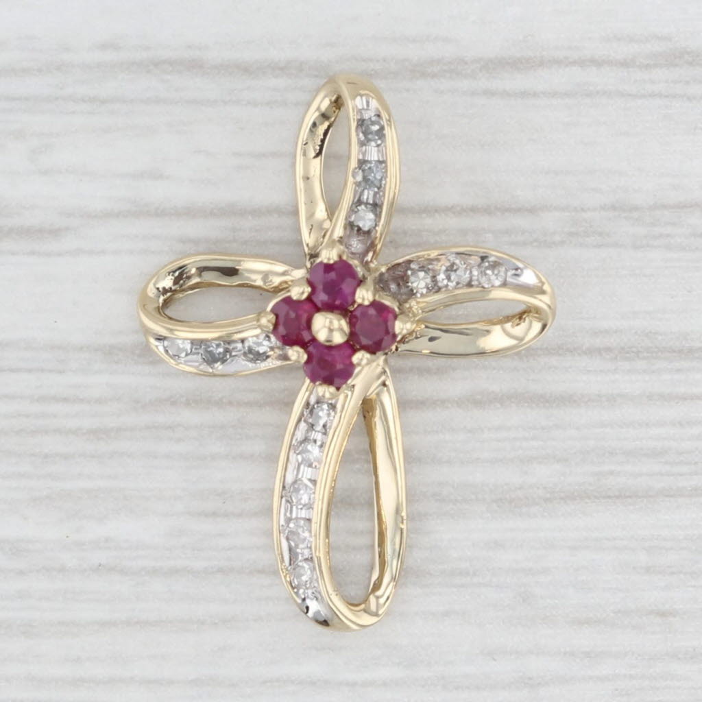 Light Gray 0.28ctw Ruby Diamond Cross Pendant 10k Yellow Gold Floating Drop