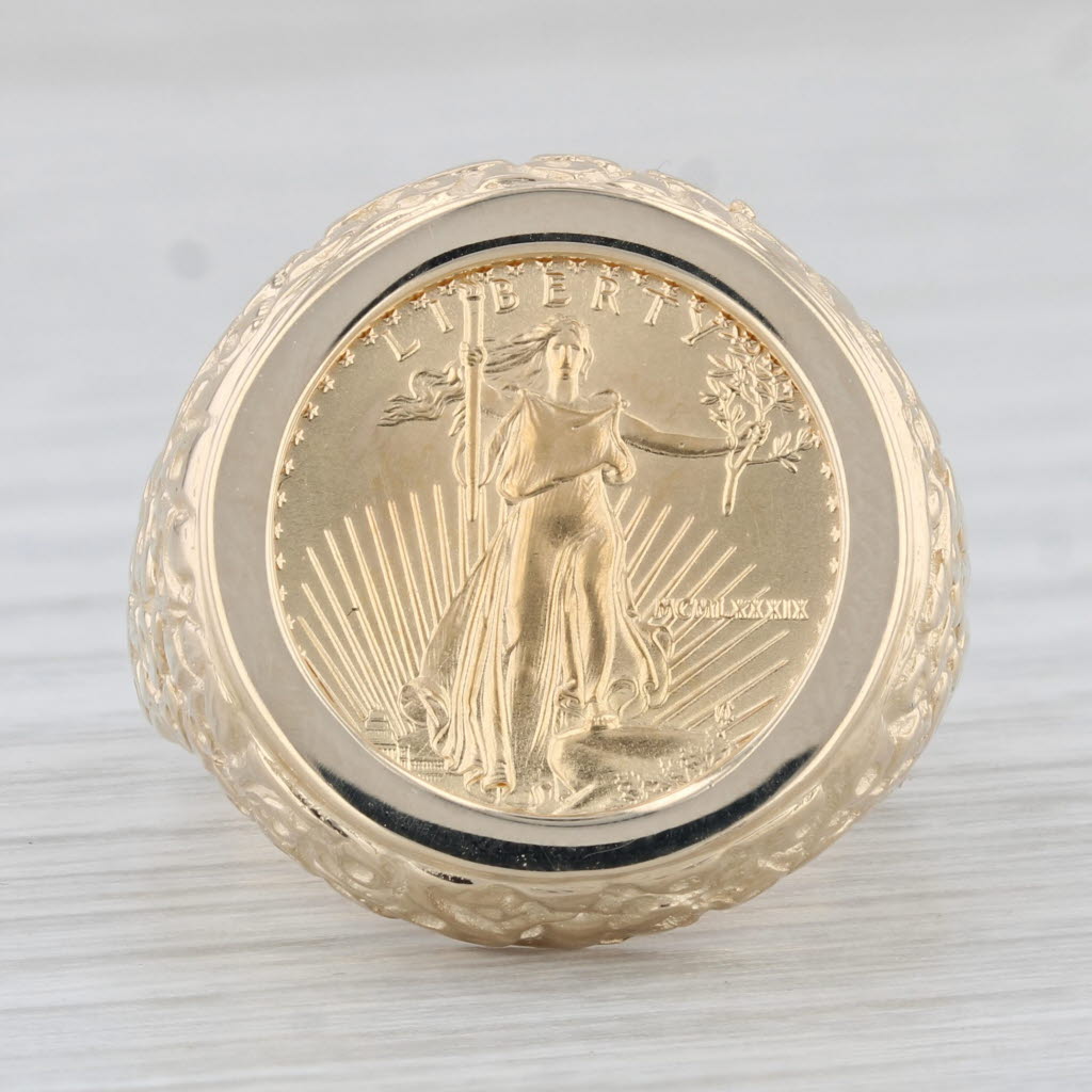 Gray 1989 1/10ozt 5 Dollar American Eagle Coin Ring 14k 22k Yellow Gold Signet Sz 10