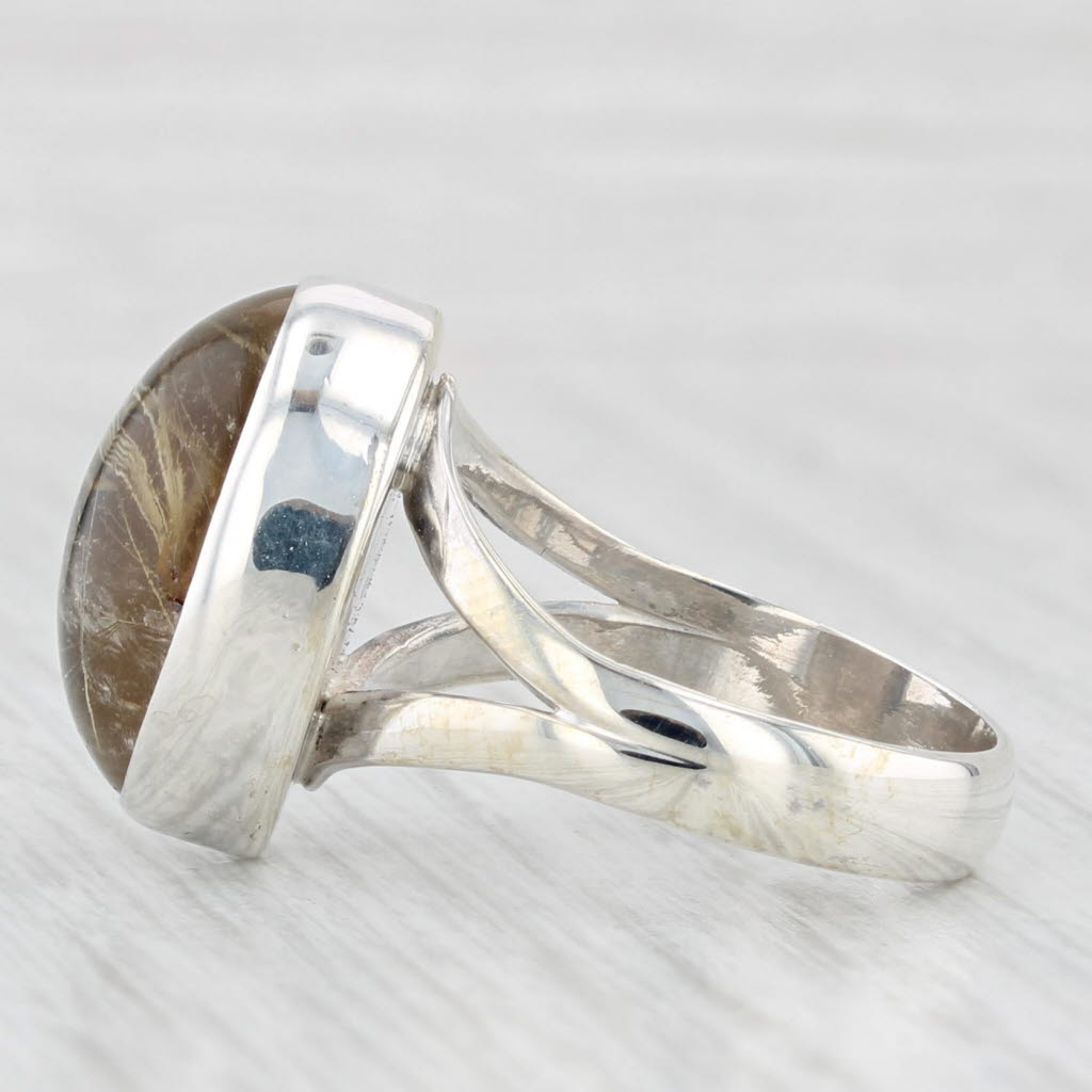 Light Gray Rutilated Quartz Oval Cabochon Solitaire Ring Sterling Silver Size 6.75-7